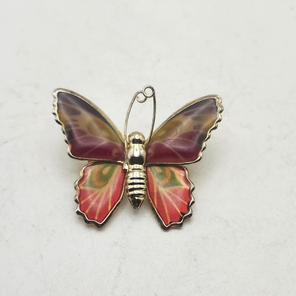 Butterfly Brooch Pin Gold Tone Enamel Red Purple Figural Pendant Scarf Jewelry